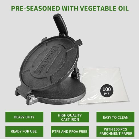 ماكينة ضغط التورتيلا من الحديد الزهر مقاس 20.32 سم، صانع تورتيلا الدقيق والشاباتي روتي، ماكينة صنع الكساديلا شديدة التحمل مع 100 قطعة من ورق البرشمان in Kuwait