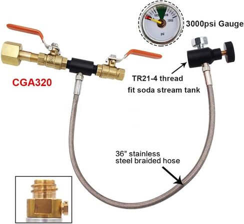 محول إعادة تعبئة أسطوانة ثاني أكسيد الكربون CGA320، ملحقات موصل زجاجة 3000 رطل لكل بوصة مربعة، صمام مزدوج خرطوم 36 بوصة مع مقياس لملء خزان الصودا in Kuwait