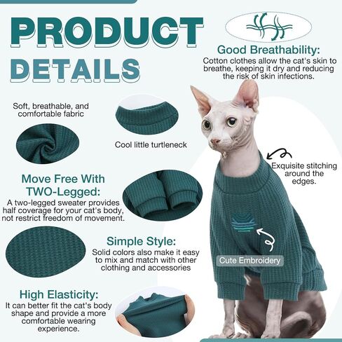 ROZKITCH Sphynx Cat Clothes, Breathable Hairless Cat Shirt with Sleeves, Turtleneck Kitten Pullover Pajamas Outfit for Cornish Rex, Devon Rex, Peterbald, Puppy Small Dogs All Seasons Green L in Saudi Arabia