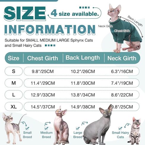 ROZKITCH Sphynx Cat Clothes, Breathable Hairless Cat Shirt with Sleeves, Turtleneck Kitten Pullover Pajamas Outfit for Cornish Rex, Devon Rex, Peterbald, Puppy Small Dogs All Seasons Green L in Saudi Arabia