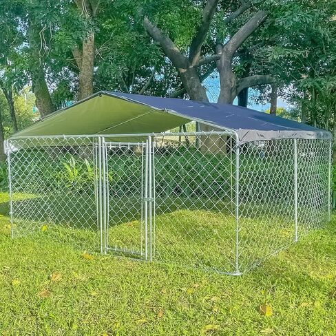 Outdoor Dog Kennel with Roof, Dog House Steel Fence with Waterproof UV-Resistant Cover, Dog Enclosures for Backyard Farm Use(9.8 * 9.8 * 5.6FT) in Kuwait