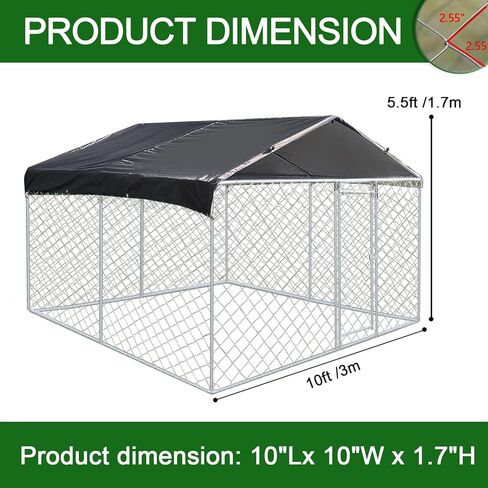 Outdoor Dog Kennel with Roof, Dog House Steel Fence with Waterproof UV-Resistant Cover, Dog Enclosures for Backyard Farm Use(9.8 * 9.8 * 5.6FT) in Kuwait