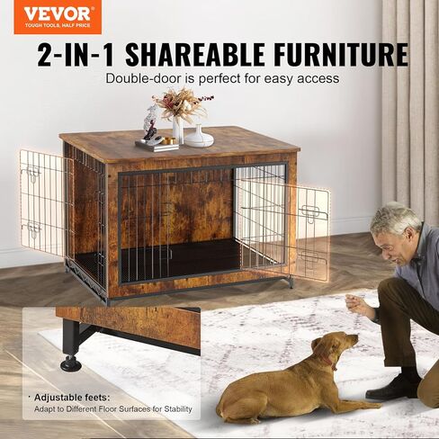 VEVOR Dog Crate Furniture, 38 inch Wooden Dog Crate with Double Doors, Heavy-Duty Dog Cage End Table with Multi-Purpose Removable Tray, Modern Dog Kennel Indoor for Dogs up to 70lb, Rustic Brown in Saudi Arabia