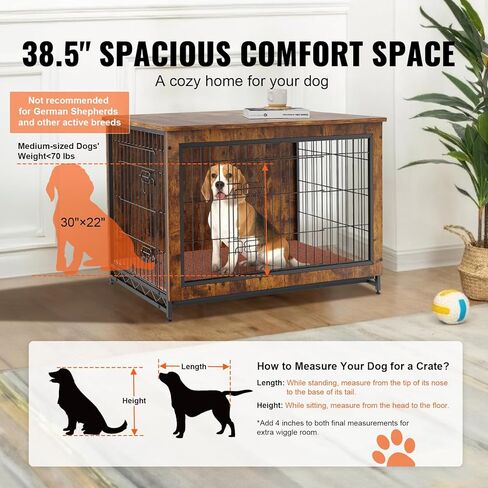 VEVOR Dog Crate Furniture, 38 inch Wooden Dog Crate with Double Doors, Heavy-Duty Dog Cage End Table with Multi-Purpose Removable Tray, Modern Dog Kennel Indoor for Dogs up to 70lb, Rustic Brown in Saudi Arabia