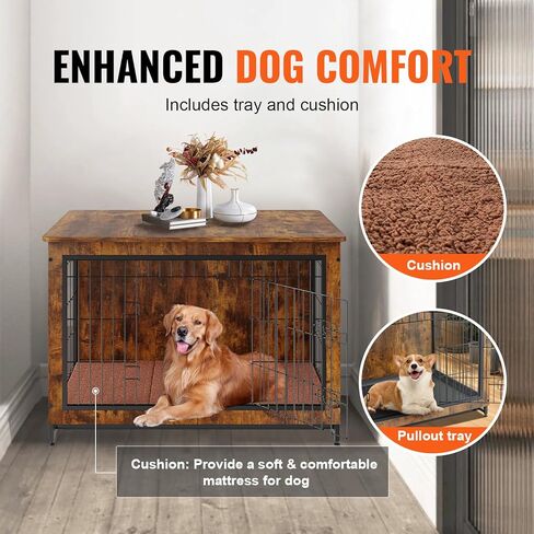 VEVOR Dog Crate Furniture, 38 inch Wooden Dog Crate with Double Doors, Heavy-Duty Dog Cage End Table with Multi-Purpose Removable Tray, Modern Dog Kennel Indoor for Dogs up to 70lb, Rustic Brown in Saudi Arabia