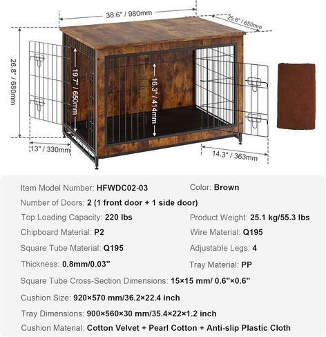VEVOR Dog Crate Furniture, 38 inch Wooden Dog Crate with Double Doors, Heavy-Duty Dog Cage End Table with Multi-Purpose Removable Tray, Modern Dog Kennel Indoor for Dogs up to 70lb, Rustic Brown in Saudi Arabia