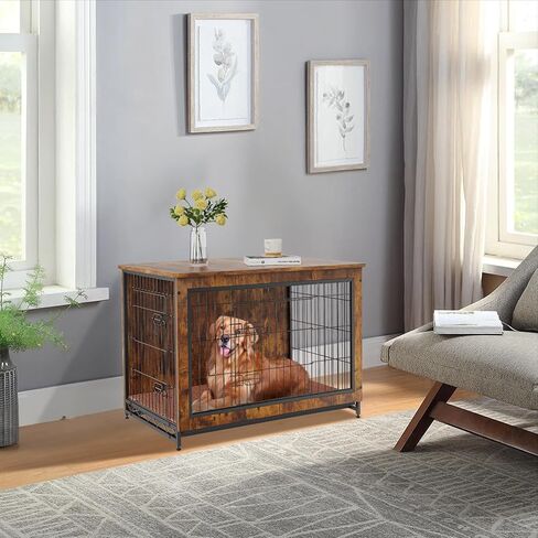 VEVOR Dog Crate Furniture, 38 inch Wooden Dog Crate with Double Doors, Heavy-Duty Dog Cage End Table with Multi-Purpose Removable Tray, Modern Dog Kennel Indoor for Dogs up to 70lb, Rustic Brown in Saudi Arabia