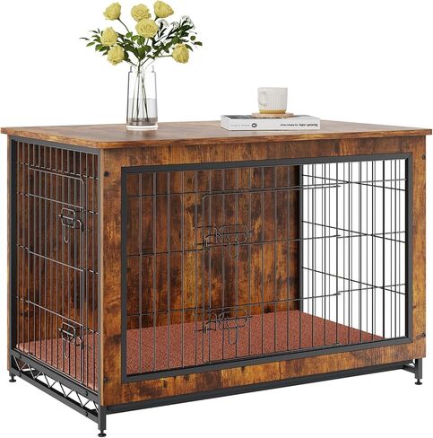 VEVOR Dog Crate Furniture, 38 inch Wooden Dog Crate with Double Doors, Heavy-Duty Dog Cage End Table with Multi-Purpose Removable Tray, Modern Dog Kennel Indoor for Dogs up to 70lb, Rustic Brown in Saudi Arabia