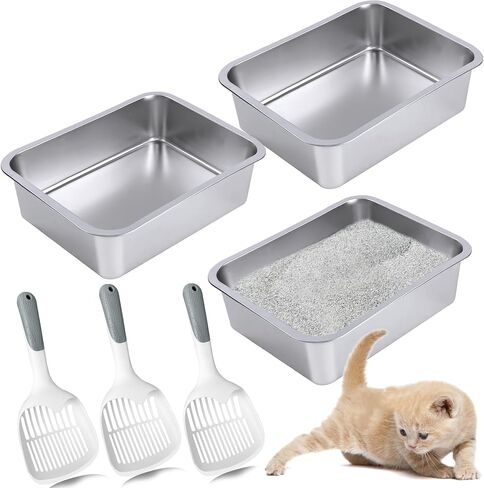 3 Pack Stainless Steel Cat Litter Box with 3 Pcs Cat Litter Scoop Large Cat Litter Box Metal Litter Scoops for Indoor Kitten, Small Medium, Large, Rustproof, Non Stick Smooth Surface, Easy to Clean in Saudi Arabia