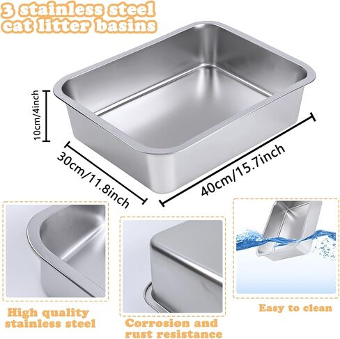 3 Pack Stainless Steel Cat Litter Box with 3 Pcs Cat Litter Scoop Large Cat Litter Box Metal Litter Scoops for Indoor Kitten, Small Medium, Large, Rustproof, Non Stick Smooth Surface, Easy to Clean in Saudi Arabia