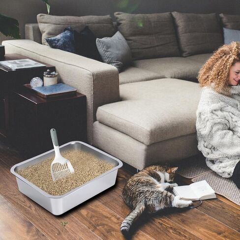 3 Pack Stainless Steel Cat Litter Box with 3 Pcs Cat Litter Scoop Large Cat Litter Box Metal Litter Scoops for Indoor Kitten, Small Medium, Large, Rustproof, Non Stick Smooth Surface, Easy to Clean in Saudi Arabia