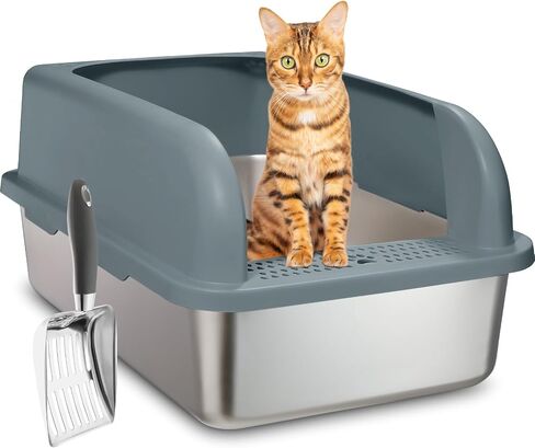Upgraded Enclosed Stainless Steel Cat Litter Box, High Sided XXL Extra Large Litter Box for Big & Multiple Cats, Easy Cleaning High Wall Side Covered Litter Box with Scoop in Saudi Arabia