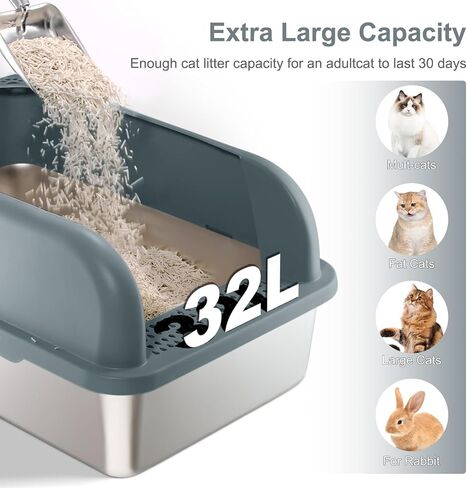 Upgraded Enclosed Stainless Steel Cat Litter Box, High Sided XXL Extra Large Litter Box for Big & Multiple Cats, Easy Cleaning High Wall Side Covered Litter Box with Scoop in Saudi Arabia