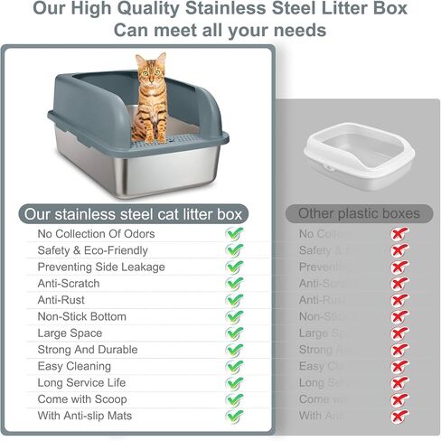 Upgraded Enclosed Stainless Steel Cat Litter Box, High Sided XXL Extra Large Litter Box for Big & Multiple Cats, Easy Cleaning High Wall Side Covered Litter Box with Scoop in Saudi Arabia