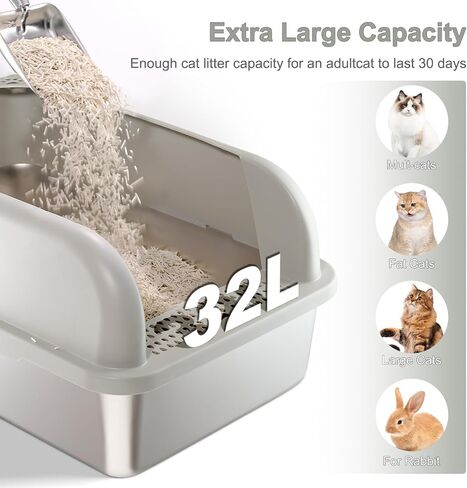 Upgraded Enclosed Stainless Steel Cat Litter Box, High Sided XXL Extra Large Litter Box for Big & Multiple Cats, Easy Cleaning High Wall Side Covered Litter Box with Scoop in Saudi Arabia