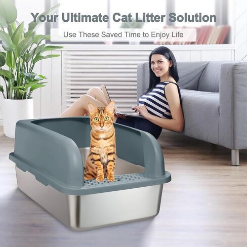 Upgraded Enclosed Stainless Steel Cat Litter Box, High Sided XXL Extra Large Litter Box for Big & Multiple Cats, Easy Cleaning High Wall Side Covered Litter Box with Scoop in Saudi Arabia
