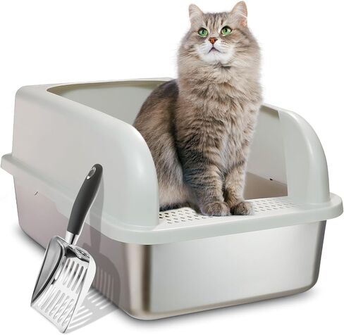 Upgraded Enclosed Stainless Steel Cat Litter Box, High Sided XXL Extra Large Litter Box for Big & Multiple Cats, Easy Cleaning High Wall Side Covered Litter Box with Scoop in Saudi Arabia