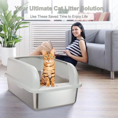 Upgraded Enclosed Stainless Steel Cat Litter Box, High Sided XXL Extra Large Litter Box for Big & Multiple Cats, Easy Cleaning High Wall Side Covered Litter Box with Scoop in Saudi Arabia