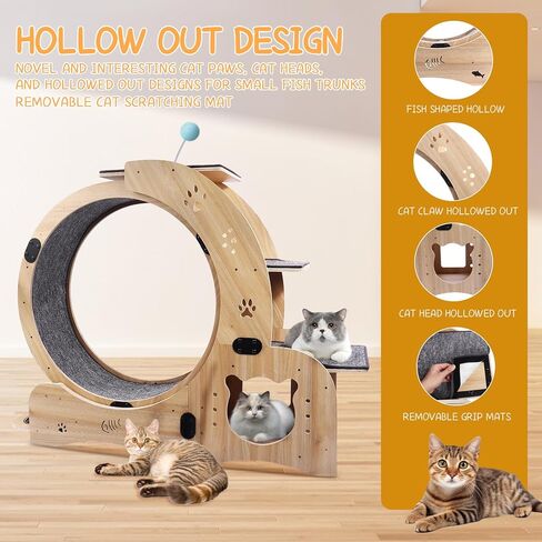 4-in-1 Cat Exercise Wheel, Cat Wheel Wood with Eight TPE Sile, Cat Litter Fitness Wheel for Indoor Cats,Climbing Ladders,Cat Scratching Board,Cat Bowls,Natural Wood in Saudi Arabia