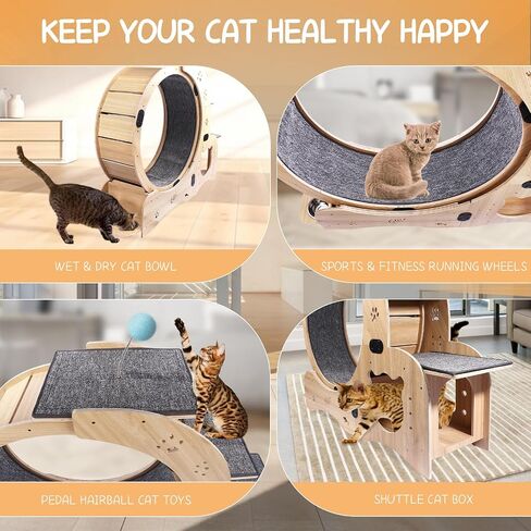 4-in-1 Cat Exercise Wheel, Cat Wheel Wood with Eight TPE Sile, Cat Litter Fitness Wheel for Indoor Cats,Climbing Ladders,Cat Scratching Board,Cat Bowls,Natural Wood in Saudi Arabia