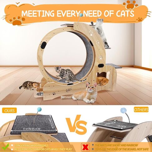 4-in-1 Cat Exercise Wheel, Cat Wheel Wood with Eight TPE Sile, Cat Litter Fitness Wheel for Indoor Cats,Climbing Ladders,Cat Scratching Board,Cat Bowls,Natural Wood in Saudi Arabia