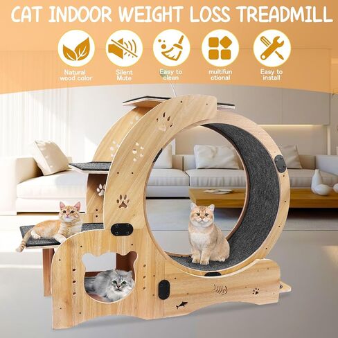 4-in-1 Cat Exercise Wheel, Cat Wheel Wood with Eight TPE Sile, Cat Litter Fitness Wheel for Indoor Cats,Climbing Ladders,Cat Scratching Board,Cat Bowls,Natural Wood in Saudi Arabia