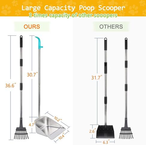 Dog Pooper Scooper for Large Dogs with 36.6" Long Handle,Metal Poop Scooper for Dogs-10.5" Width Stainless Steel Tray and Rake Set,Sturdy Dog Poop Scooper for Yard in Kuwait