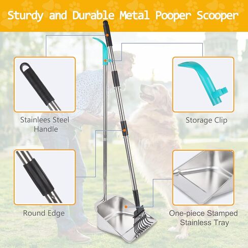 Dog Pooper Scooper for Large Dogs with 36.6" Long Handle,Metal Poop Scooper for Dogs-10.5" Width Stainless Steel Tray and Rake Set,Sturdy Dog Poop Scooper for Yard in Kuwait
