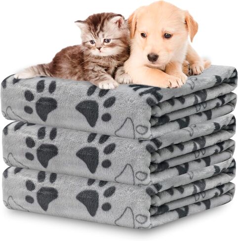 1 Pack 3 Dog Blankets, 31x41Inch Upgraded Dog Cat Flannel Blankets Washable, Dog Blanket Soft Pet Throw Cover for Kennel Bed, Cute Paw Pattern, Pet Blanket, Medium Small Dogs, Grey in Saudi Arabia