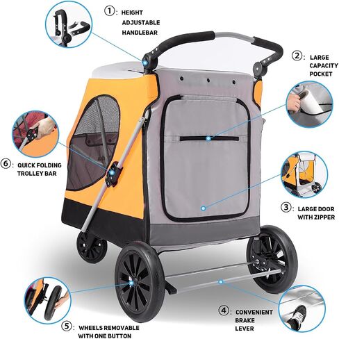 Dog Stroller for Large Dogs, 3 Wheel Foldable Pet Stroller for Medium Large Dogs, Heavy Duty Dog Wagons and Cart Up to 100 LBS (Orange) in Saudi Arabia