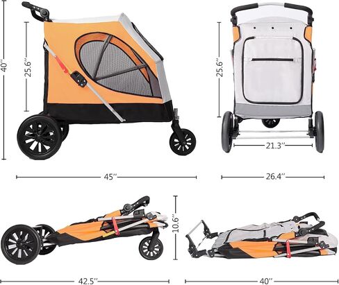 Dog Stroller for Large Dogs, 3 Wheel Foldable Pet Stroller for Medium Large Dogs, Heavy Duty Dog Wagons and Cart Up to 100 LBS (Orange) in Saudi Arabia