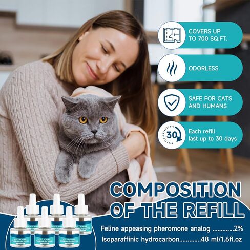 VICSOM Cat Calming Diffuser Refills Kit, Cat Pheromones Calming Refill, 180 Days Anti Anxiety Relief Stress Long Calm Effect, 48ml Fit All Common Diffusers Plug in, 6 Pack in Saudi Arabia