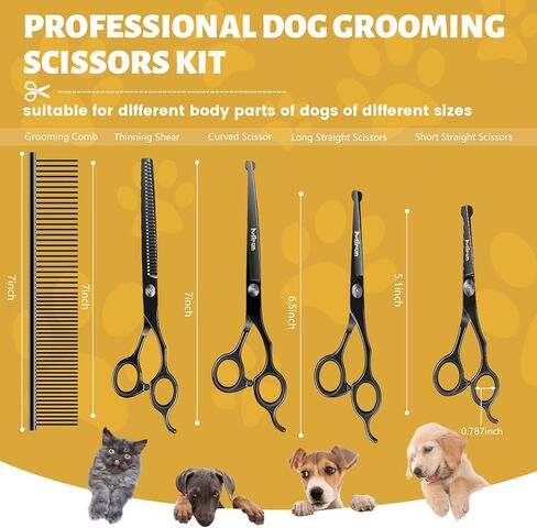 Professional Dog Grooming Scissors Kit,Dog Scissors for Grooming with Safety Round Tips,Titanium-plated stainless steel Grooming Scissors for Dogs & Cats,Dog Grooming Supplies,Thinning Shears for Dogs in Kuwait