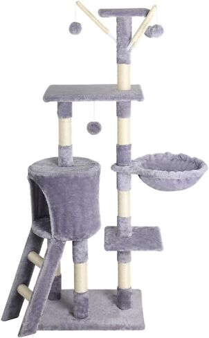 Cat Tree, 54 Inches Cat Tower for Indoor Cats, Plush Multi-Level Cat Condo with 9 Sisal Scratching Posts, 2 Perches, Caves, Hammock, 4 Pompoms, for Kittens Pet to Play and Sleep, Light Gray in Saudi Arabia