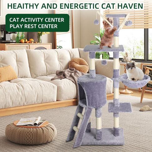 Cat Tree, 54 Inches Cat Tower for Indoor Cats, Plush Multi-Level Cat Condo with 9 Sisal Scratching Posts, 2 Perches, Caves, Hammock, 4 Pompoms, for Kittens Pet to Play and Sleep, Light Gray in Saudi Arabia