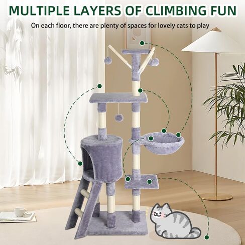Cat Tree, 54 Inches Cat Tower for Indoor Cats, Plush Multi-Level Cat Condo with 9 Sisal Scratching Posts, 2 Perches, Caves, Hammock, 4 Pompoms, for Kittens Pet to Play and Sleep, Light Gray in Saudi Arabia