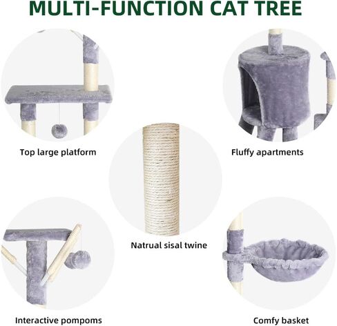 Cat Tree, 54 Inches Cat Tower for Indoor Cats, Plush Multi-Level Cat Condo with 9 Sisal Scratching Posts, 2 Perches, Caves, Hammock, 4 Pompoms, for Kittens Pet to Play and Sleep, Light Gray in Saudi Arabia