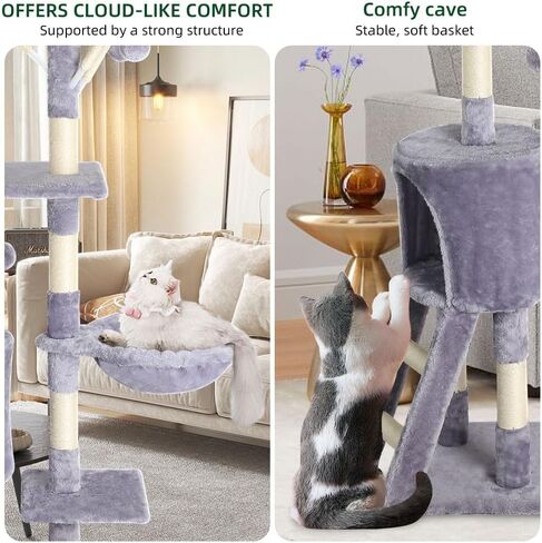 Cat Tree, 54 Inches Cat Tower for Indoor Cats, Plush Multi-Level Cat Condo with 9 Sisal Scratching Posts, 2 Perches, Caves, Hammock, 4 Pompoms, for Kittens Pet to Play and Sleep, Light Gray in Saudi Arabia