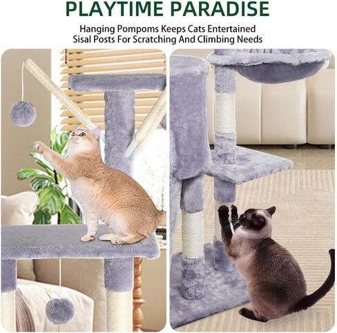 Cat Tree, 54 Inches Cat Tower for Indoor Cats, Plush Multi-Level Cat Condo with 9 Sisal Scratching Posts, 2 Perches, Caves, Hammock, 4 Pompoms, for Kittens Pet to Play and Sleep, Light Gray in Saudi Arabia