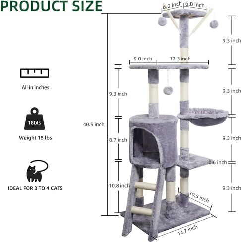 Cat Tree, 54 Inches Cat Tower for Indoor Cats, Plush Multi-Level Cat Condo with 9 Sisal Scratching Posts, 2 Perches, Caves, Hammock, 4 Pompoms, for Kittens Pet to Play and Sleep, Light Gray in Saudi Arabia