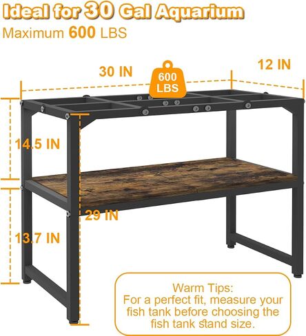 30 Gallon Fish Tank Stand with Shelf for Accessories Storage, 2 Tiers Heavy Duty Metal Aquarium Stand, Breeder Tank Turtle Reptile Terrariums Stand Rack for Home Office, 30" L x 12" W, Black in Saudi Arabia