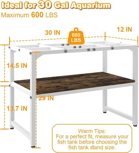 30 Gallon Fish Tank Stand with Shelf for Accessories Storage, 2 Tiers Heavy Duty Metal Aquarium Stand, Breeder Tank Turtle Reptile Terrariums Stand Rack for Home Office, 30" L x 12" W, White in Saudi Arabia