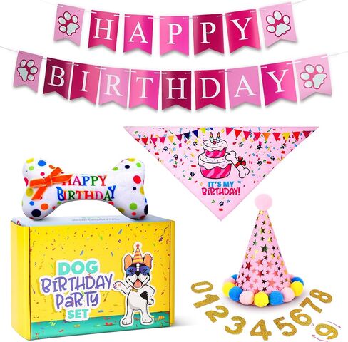 Pacific Pups Dog Birthday Decorations Set - Dog Birthday Hat, Dog Birthday Bandana, Squeaky Toy, Happy Birthday Dog Birthday Banner, Dog Party Hat, Celebrate in Style Support a Noble Cause Pink Stars in Saudi Arabia