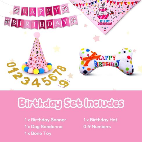 Pacific Pups Dog Birthday Decorations Set - Dog Birthday Hat, Dog Birthday Bandana, Squeaky Toy, Happy Birthday Dog Birthday Banner, Dog Party Hat, Celebrate in Style Support a Noble Cause Pink Stars in Saudi Arabia