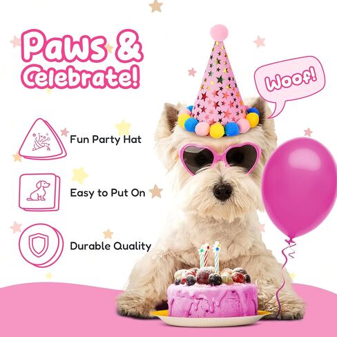 Pacific Pups Dog Birthday Decorations Set - Dog Birthday Hat, Dog Birthday Bandana, Squeaky Toy, Happy Birthday Dog Birthday Banner, Dog Party Hat, Celebrate in Style Support a Noble Cause Pink Stars in Saudi Arabia