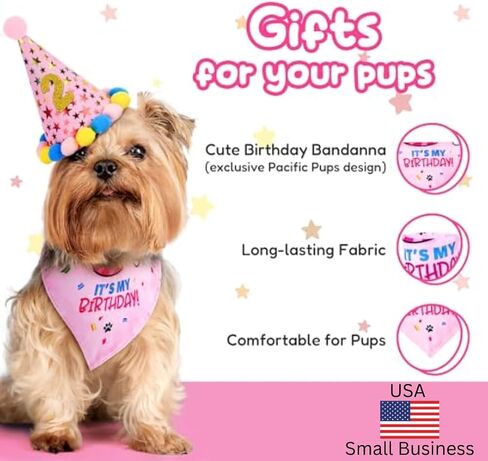 Pacific Pups Dog Birthday Decorations Set - Dog Birthday Hat, Dog Birthday Bandana, Squeaky Toy, Happy Birthday Dog Birthday Banner, Dog Party Hat, Celebrate in Style Support a Noble Cause Pink Stars in Saudi Arabia