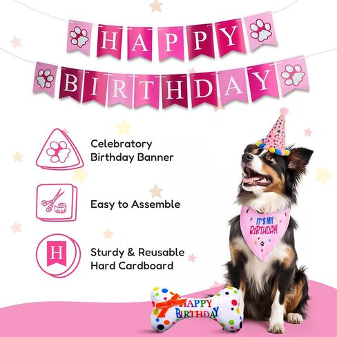 Pacific Pups Dog Birthday Decorations Set - Dog Birthday Hat, Dog Birthday Bandana, Squeaky Toy, Happy Birthday Dog Birthday Banner, Dog Party Hat, Celebrate in Style Support a Noble Cause Pink Stars in Saudi Arabia