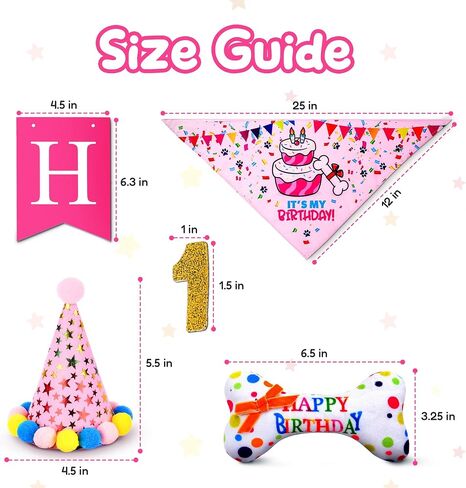 Pacific Pups Dog Birthday Decorations Set - Dog Birthday Hat, Dog Birthday Bandana, Squeaky Toy, Happy Birthday Dog Birthday Banner, Dog Party Hat, Celebrate in Style Support a Noble Cause Pink Stars in Saudi Arabia