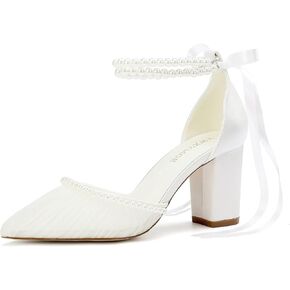 Block Heel Wedding Shoes for Bride Pearl Heels Bridal Shoes Closed Toe Wedding Heels in Kuwait