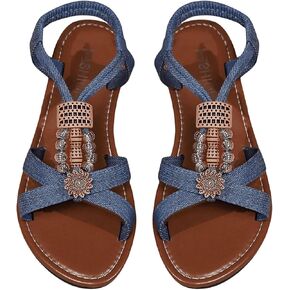 GORGLITTER Women's Denim Jeans Sandals Boho Roman Strappy Slides Elastic Ankle Strap Sandal Beach Vacation Summer Flats in Saudi Arabia